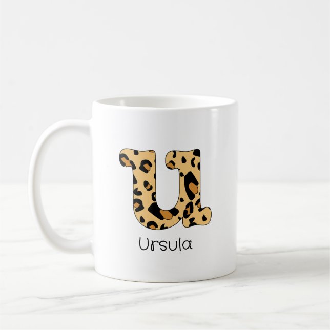 Leopard Print Initial u Lowercase och Namn Kaffemugg (Vänster)