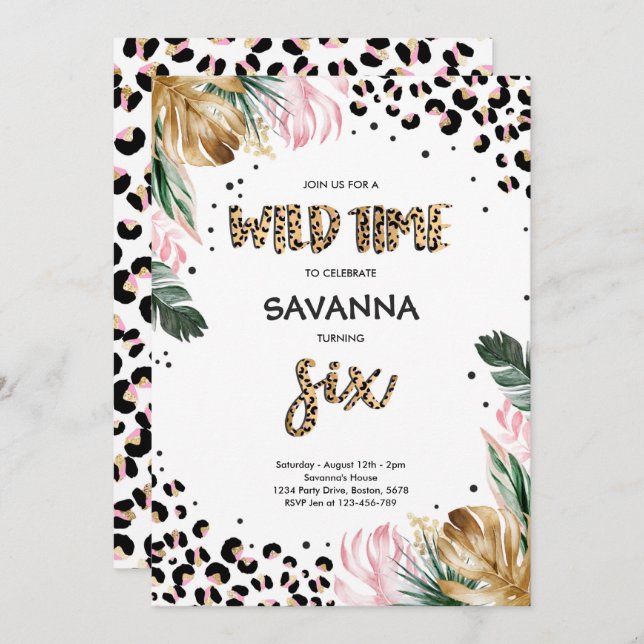 Leopard Print Jungle Safari 6e Födelsedagsfest Inbjudningar (Fram/baksida)