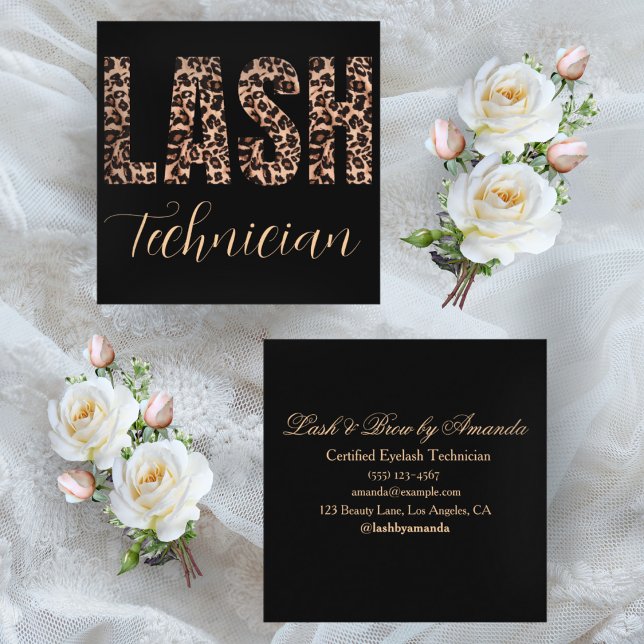 Leopard Print Lash Tech Fold Minimalist Design Fyrkantigt Visitkort (Skapare uppladdad)