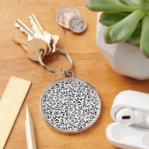 Leopard Print, leopard Spots, Black and White Rund Silverfärgad Nyckelring