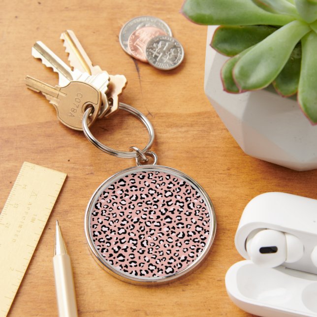 Leopard Print, Leopard Spots, Rosa Leopard Rund Silverfärgad Nyckelring (Skrivbord)