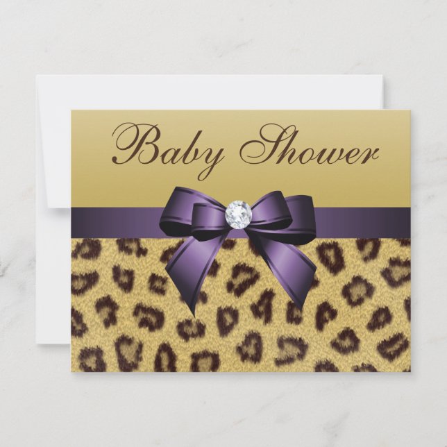 Leopard Print, Lila Bow Baby Shower Inbjudningar (Framsida)