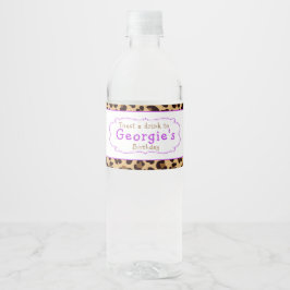 Leopard Print Lila Quatrefoil Födelsedagsfest Vattenflaskor Etikett