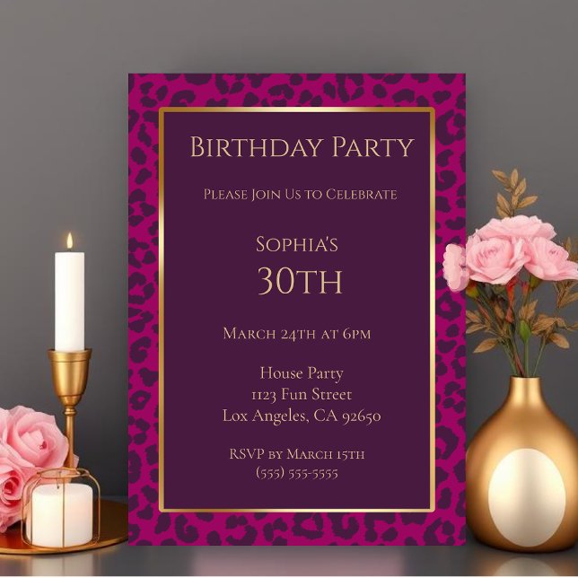 Leopard Print-Magenta-Birthday Inbjudningar (Birthday-Leopard Pattern-Magenta- Invitation )