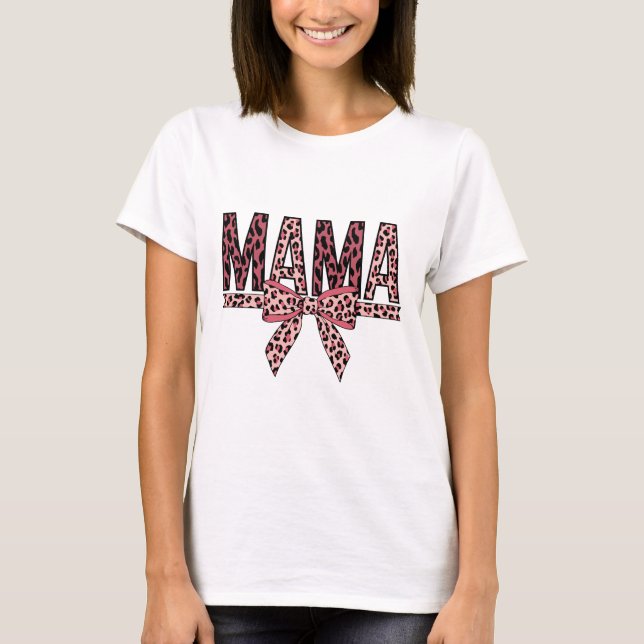 Leopard Print Mama Design – Söt Bow Mom Life Art T Shirt (Framsida)