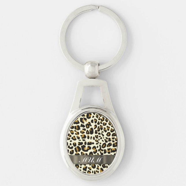 Leopard print mamma text ovalt silverfärgad nyckelring (Framsidan)