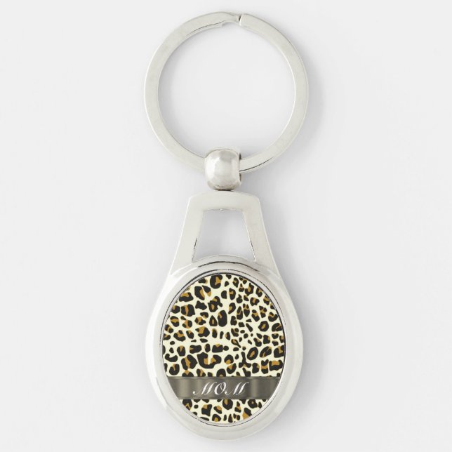 Leopard print mamma text ovalt silverfärgad nyckelring (Framsidan)
