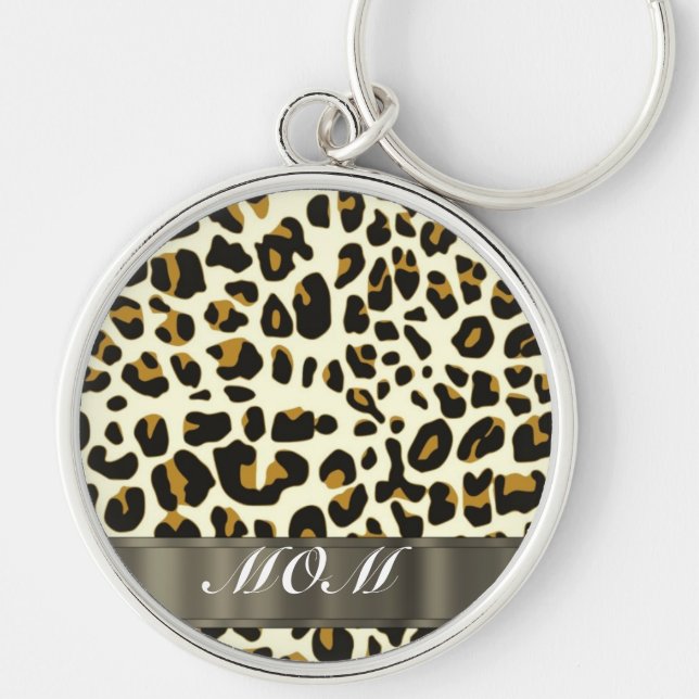 Leopard print mamma text rund silverfärgad nyckelring (Framsidan)