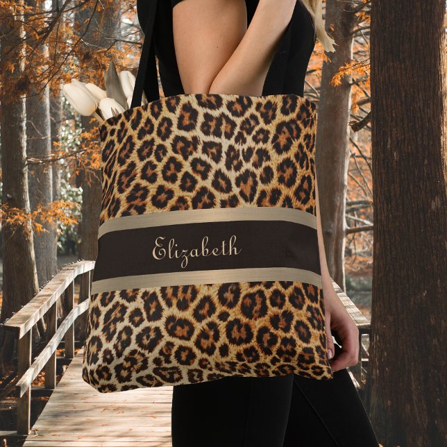Leopard Print Mönster Brown och Guld Rand Namn Tygkasse (Skapare uppladdad)