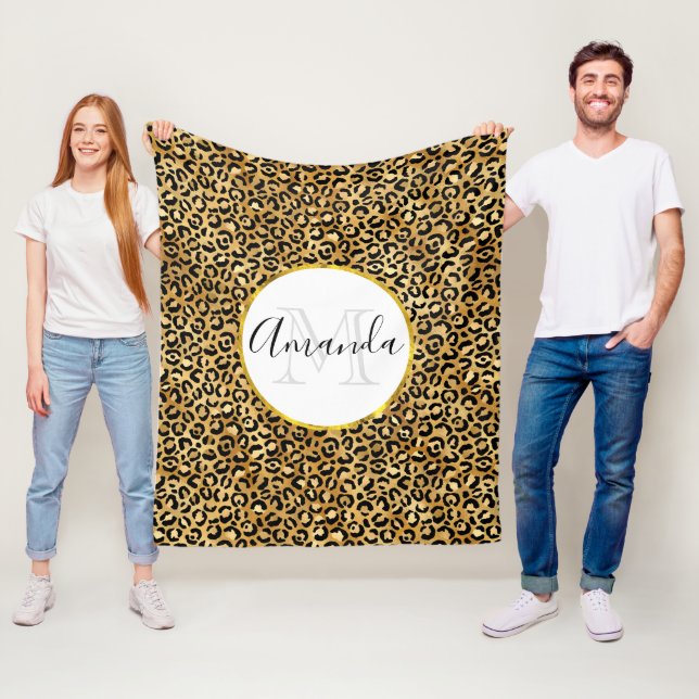 Leopard Print Mönster i Guld och Black Monogram Fleecefilt (På plats)
