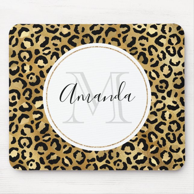 Leopard Print Mönster i Guld och Black Monogram Musmatta (Framsidan)