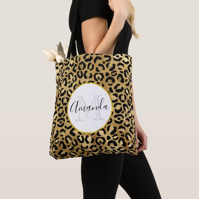 Leopard Print Mönster i Guld och Black Monogram Tygkasse (Närbild)