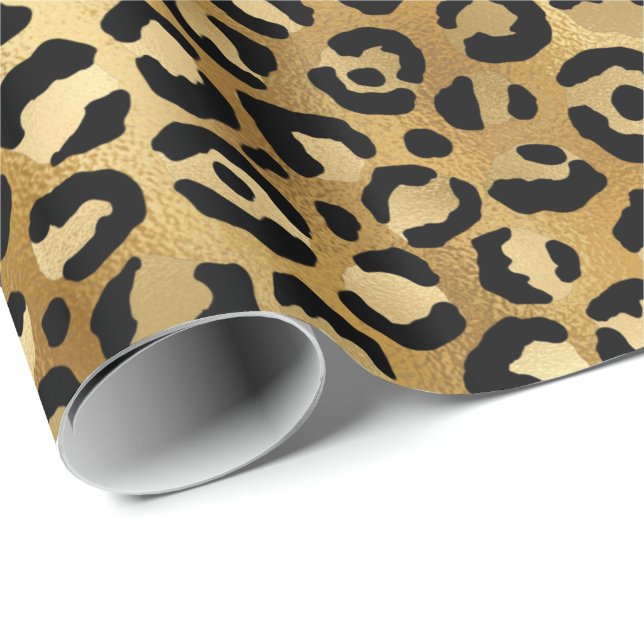 Leopard Print Mönster i Guld och Black Presentpapper (Rullad Hörn)