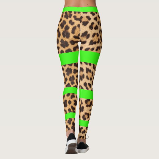 Leopard Print Neon Grönt Stripe Womens Leggings (Baksida)