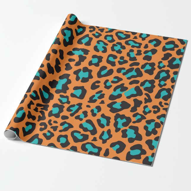 Leopard Print Orange, Black, Aqua Presentpapper (Utrullad)