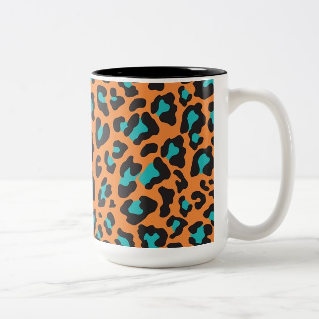 Leopard Print Orange, Black, Aqua Två-Tonad Mugg (Höger)