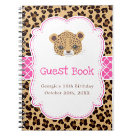 Leopard Print Pink Quatrefoil Birthday Guest Book Anteckningsbok