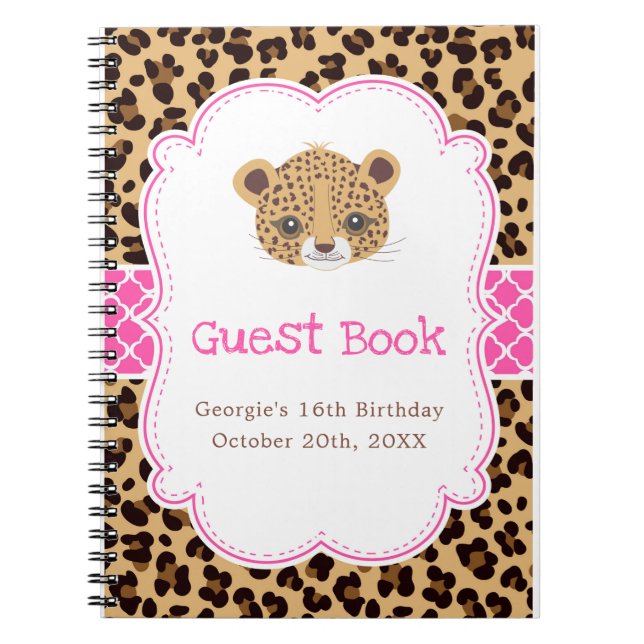 Leopard Print Pink Quatrefoil Birthday Guest Book Anteckningsbok (Framsidan)
