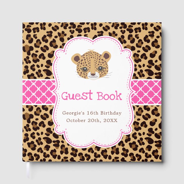 Leopard Print Pink Quatrefoil Birthday Party Gästböcker (Framsida)