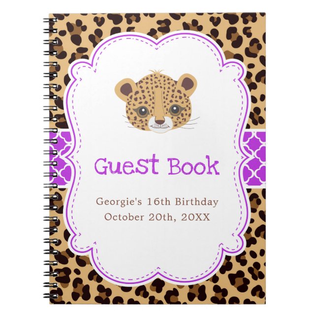 Leopard Print Purple Quatrefoil Birthda Guest  Anteckningsbok (Framsidan)