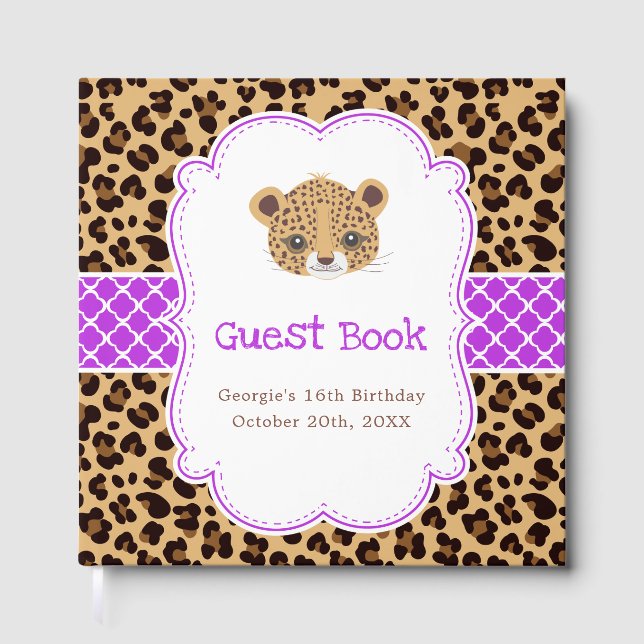Leopard Print Purple Quatrefoil Birthday Party  Gästböcker (Framsida)