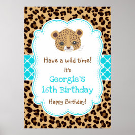 Leopard Print Quatre foil Birthday Poster Blue