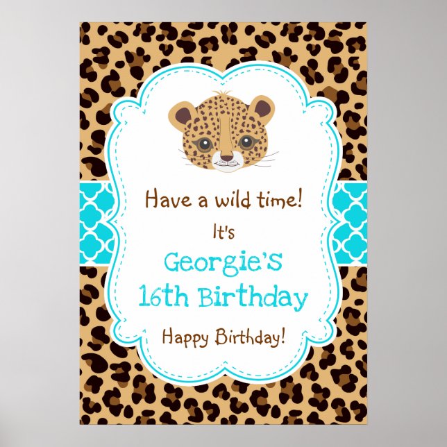Leopard Print Quatre foil Birthday Poster Blue (Framsidan)