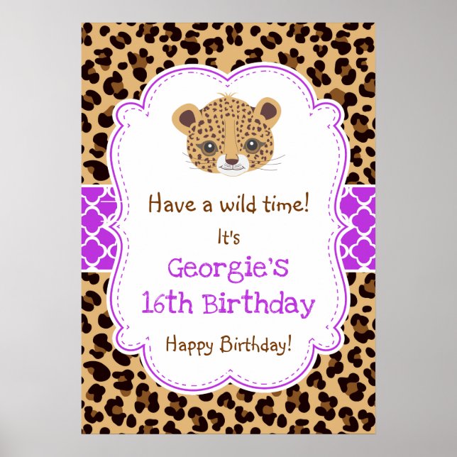 Leopard Print Quatrefoil Birthday Poster Lila (Framsidan)