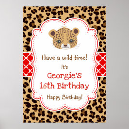 Leopard Print Quatrefoil Birthday Poster Red