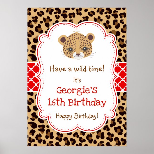 Leopard Print Quatrefoil Birthday Poster Red (Framsidan)