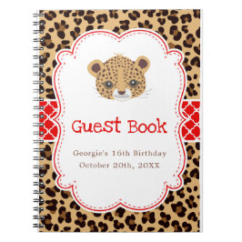 Leopard Print Red Quatrefoil Birthday Guest Book Anteckningsbok