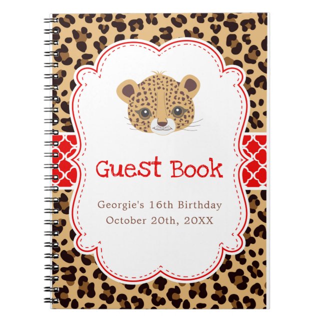Leopard Print Red Quatrefoil Birthday Guest Book Anteckningsbok (Framsidan)