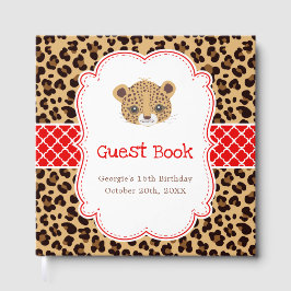 Leopard Print Red Quatrefoil Birthday Party Gästböcker