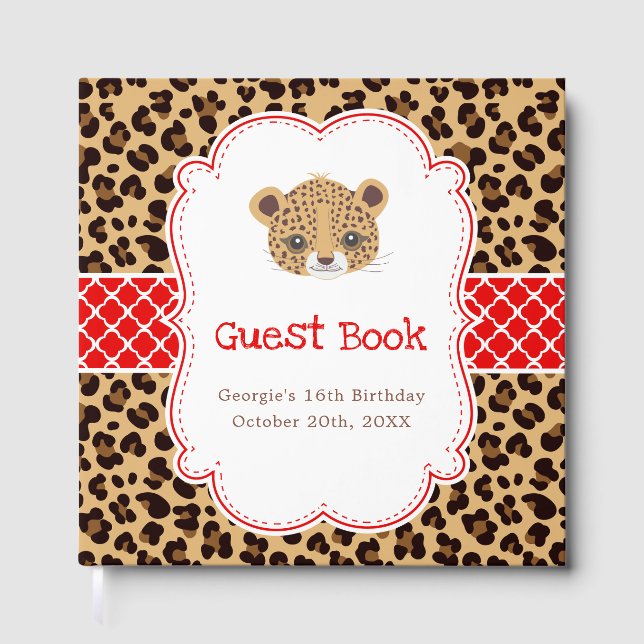 Leopard Print Red Quatrefoil Birthday Party Gästböcker (Framsida)