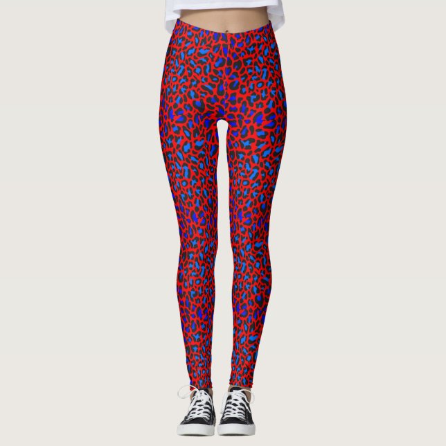 Leopard Print Röd Blå Svart Leggings (Framsida)