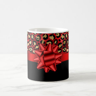 Leopard Print Röd, Guld och Svart med Röd Båge Mug Kaffemugg