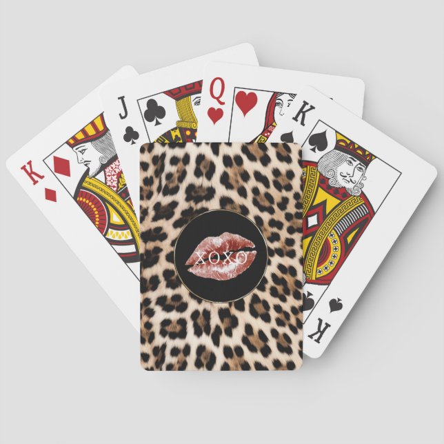 Leopard Print Röda Läppar XOXO Casinokort (Baksidan)