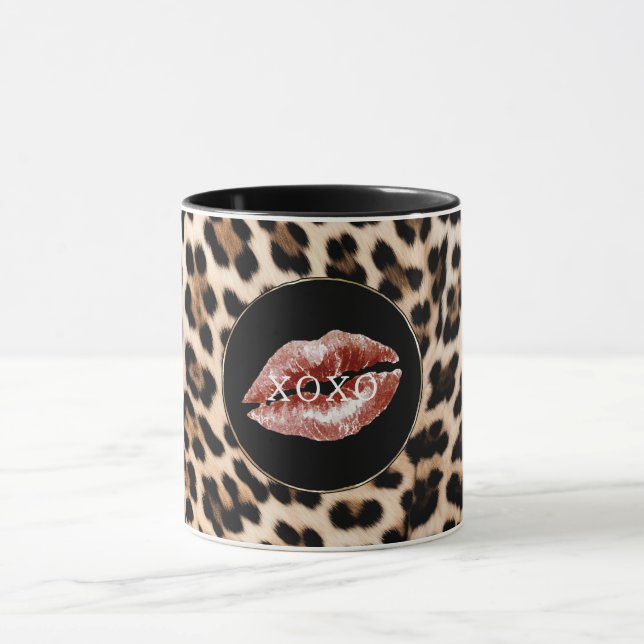 Leopard Print Röda Läppar XOXO Mugg (Center)