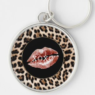 Leopard Print Röda Läppar XOXO Rund Silverfärgad Nyckelring