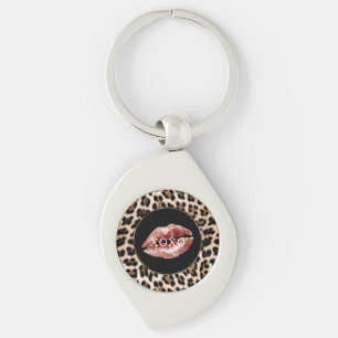 Leopard Print Röda Läppar XOXO Swirl Silverfärgad Nyckelring
