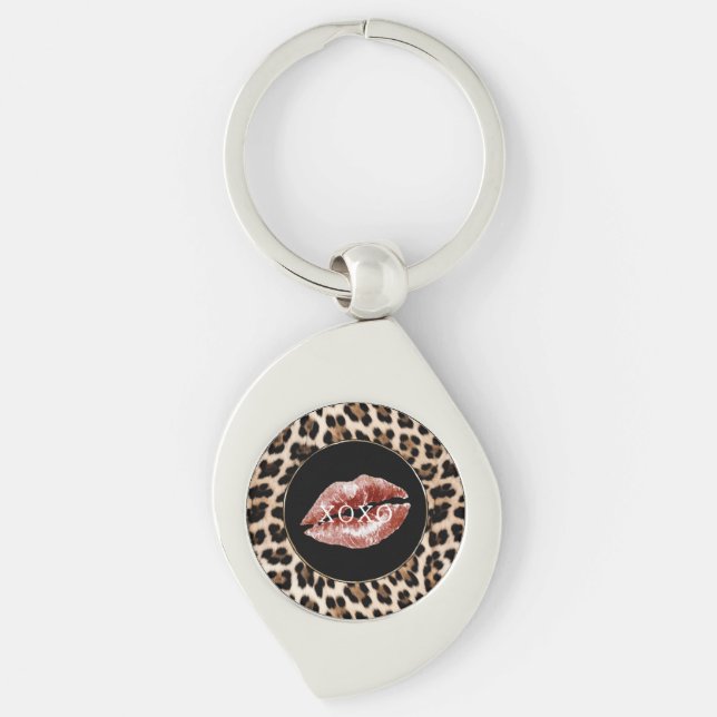 Leopard Print Röda Läppar XOXO Swirl Silverfärgad Nyckelring (Framsidan)
