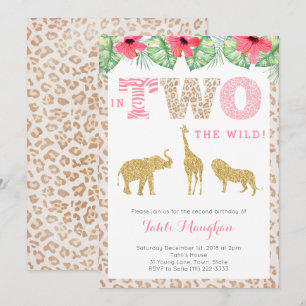 Leopard Print Rosa och Guld 2:a födelsedagen Safar Inbjudningar