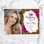 Leopard Print Rosa Photo Guld 50:e födelsedagen Inbjudningar<br><div class="desc">Femininininbjudan till elegantens blommigt på 50 år med ditt foto. Glam, vit design med faux glitter guld. Innehåller animaliskt leopardtryck, shock rosa, ro, skriptteckensnitt och konfekti. Perfekt för en snyggt vuxen under firande party. Anpassa med dina egna detaljer. Kan anpassas för vilken ålder som helst! Skrivna Zazzle-inbjudningar eller digital utskrivbar...</div>