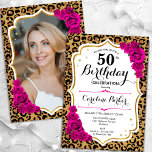 Leopard Print Rosa Photo Guld 50:e födelsedagen Inbjudningar<br><div class="desc">Elegant femininininbjudan på 50 års födelsedag med ditt foto på baksidan av kortet. Glam-design med avtryck av leopard och faux glitter guld. Har shock rosa ro, skriptteckensnitt och konfiguration. Perfekt för en snyggt vuxen under firande party. Anpassa med dina egna detaljer. Kan anpassas för vilken ålder som helst! Skrivna Zazzle-inbjudningar...</div>