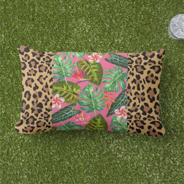 Leopard Print Rosa Tropical Lumbar Dekorativ kudde (Gräs)