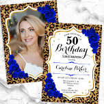 Leopard Print Royal Blue Photo 50 Birthday Inbjudningar<br><div class="desc">Elegant femininininbjudan på 50 års födelsedag med ditt foto på baksidan av kortet. Glam-design med avtryck av leopard och faux glitter guld. Med sapphire-royalet blue ro, script font och confietti. Perfekt för en snyggt vuxen under firande party. Anpassa med dina egna detaljer. Kan anpassas för vilken ålder som helst! Skrivna...</div>
