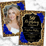 Leopard Print Royal Blue Photo 50 Birthday Inbjudningar<br><div class="desc">Elegant 50-årsinbjudan med ditt foto på baksidan av kortet. Glam Black royal blue-design med ett djur leopardtryck och faux glitter guld. Med sapphire blue ro, script font och confietti. Perfekt för en snyggt vuxen under firande party. Anpassa med dina egna detaljer. Kan anpassas för vilken ålder som helst! Skrivna Zazzle-inbjudningar...</div>
