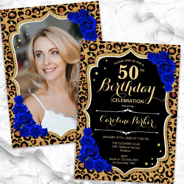 Leopard Print Royal Blue Photo 50 Birthday Inbjudningar (Skapare uppladdad)