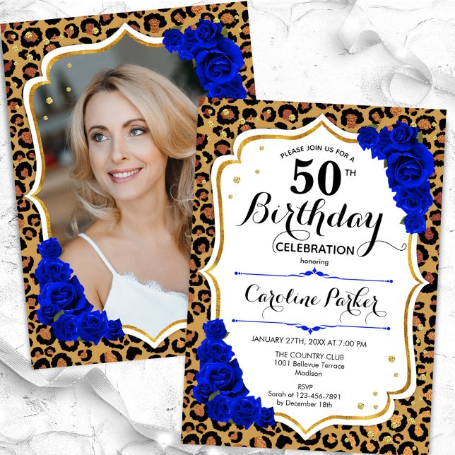 Leopard Print Royal Blue Photo 50 Birthday Inbjudningar (Skapare uppladdad)