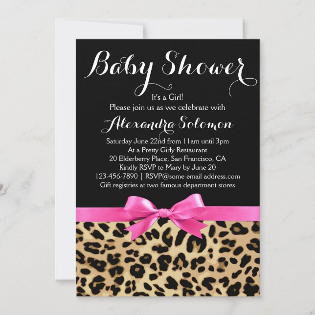 Leopard Print Shock rosa Bow Girl Baby Shower Inbjudningar (Framsida)